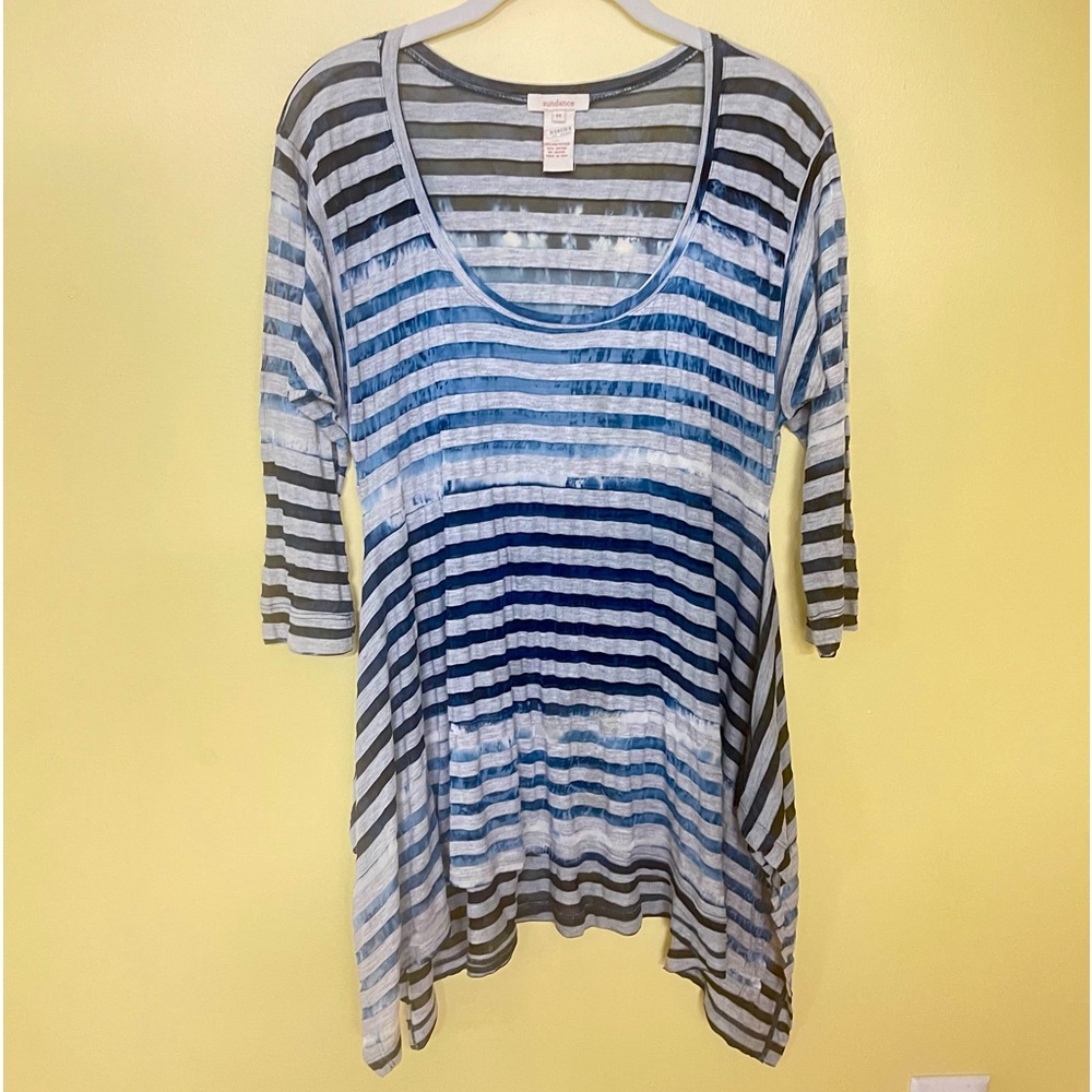 Sundance Blue Striped Asymmetric Hem Tunic Bohemian Burnout Shark Bite Hem